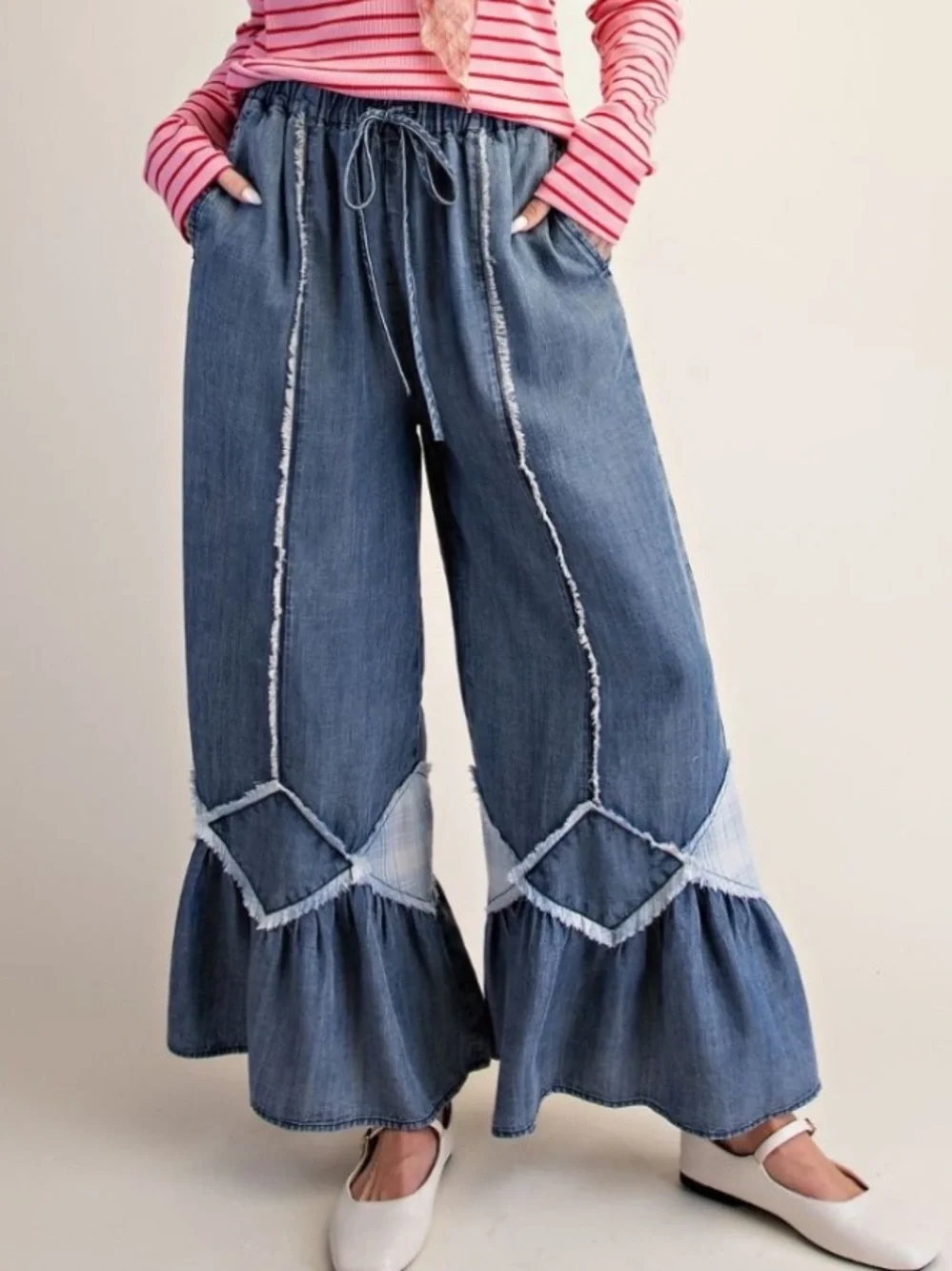 395 RUFFLE BOTTOM WASHED CHAMBRAY
PANTS - Picture 1 of 3